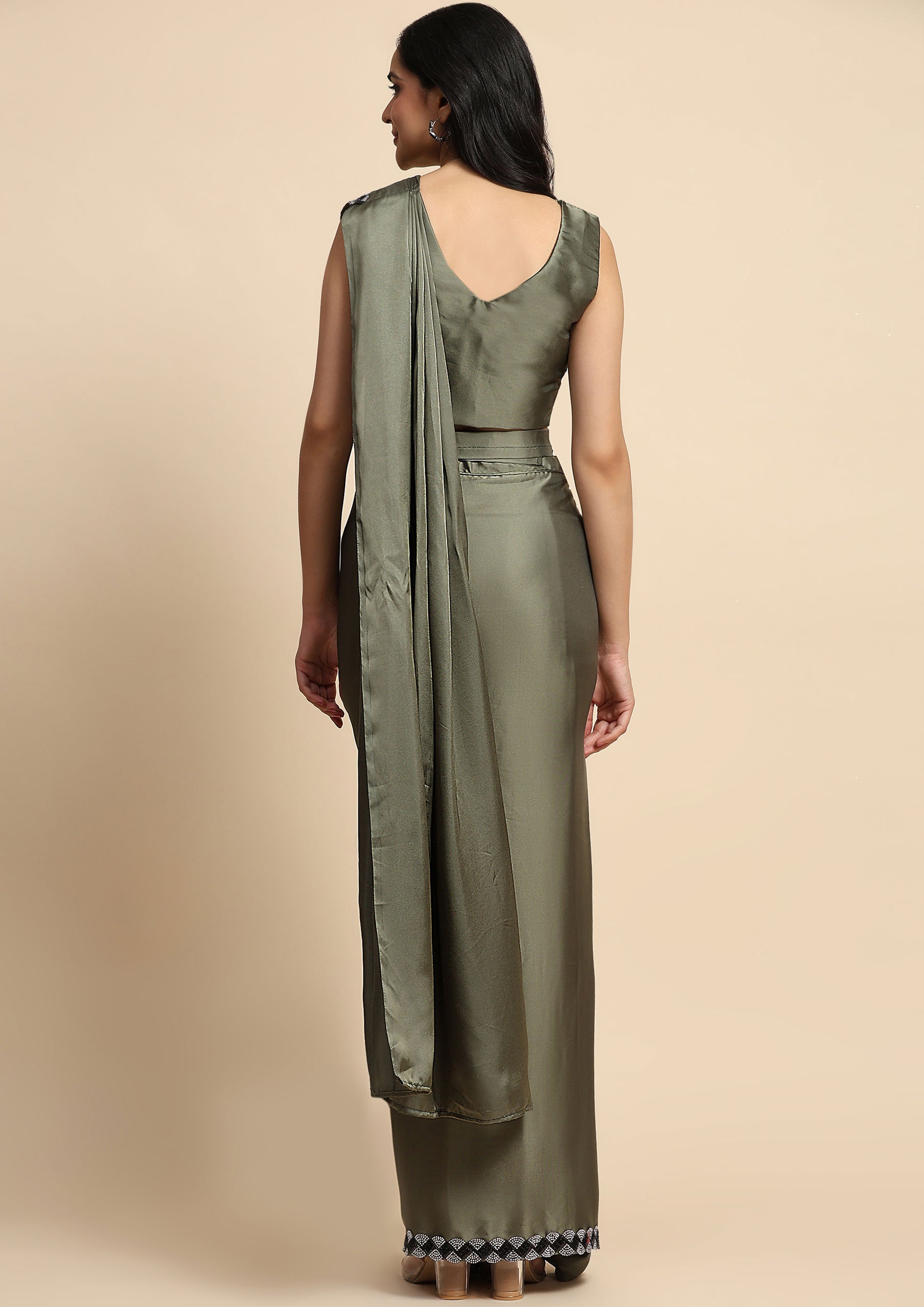 Green Color Satin Silk Ready To Wear Saree With Readymade Blouse